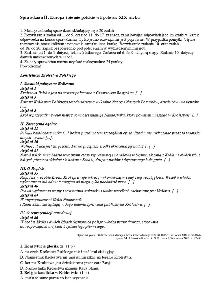 Ziemie Polskie W Pierwszej Połowie Xix Wieku Sprawdzian Pdf Sprawdzian II - Europa I Ziemie Polskie W I Połowie XIX Wieku | PDF