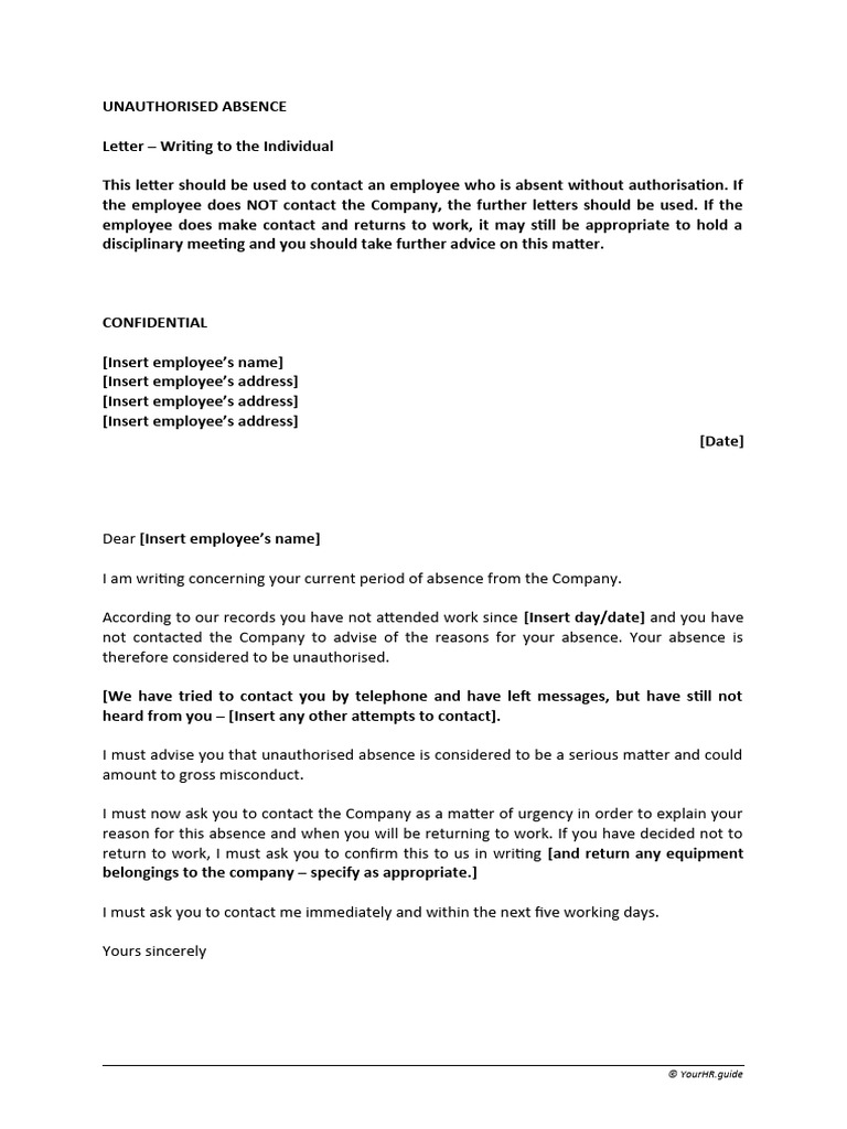 Unauthorized Absence Notification Letter | PDF | Career & Growth