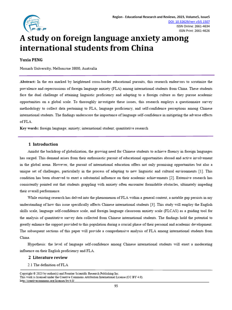 Peng, Y. (2023) A Study On Foreign Language Anxiety Among International ...