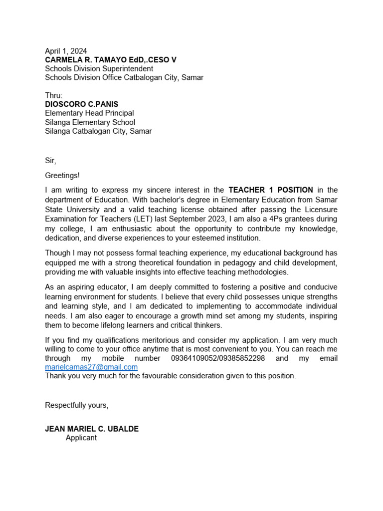 Application for Teacher 1 Position | PDF | Self-Improvement | Wellness