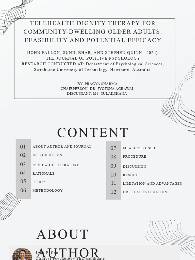 Telehealth Dignity Therapy For Community Dwelling Older Adults