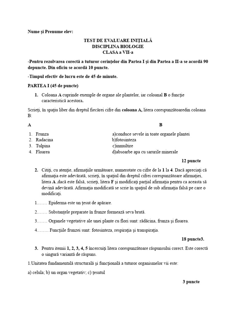 Test Initial Clasa A 7 | PDF