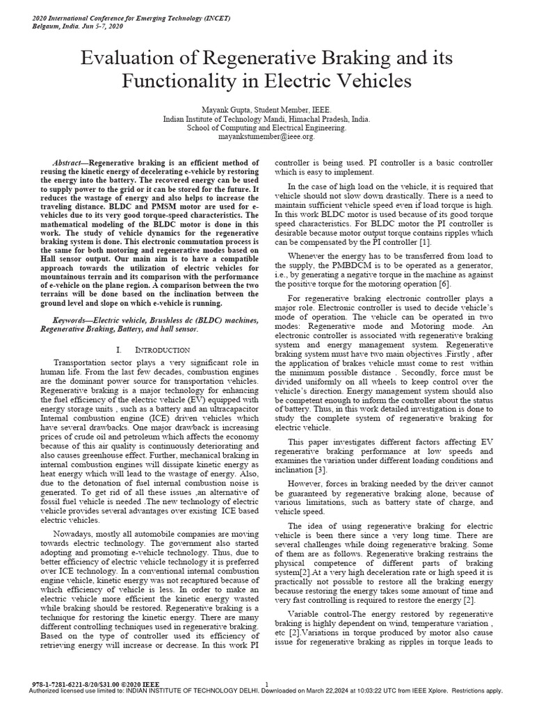 Regenerative Braking in Electric Vehicles | PDF | Electric Motor ...