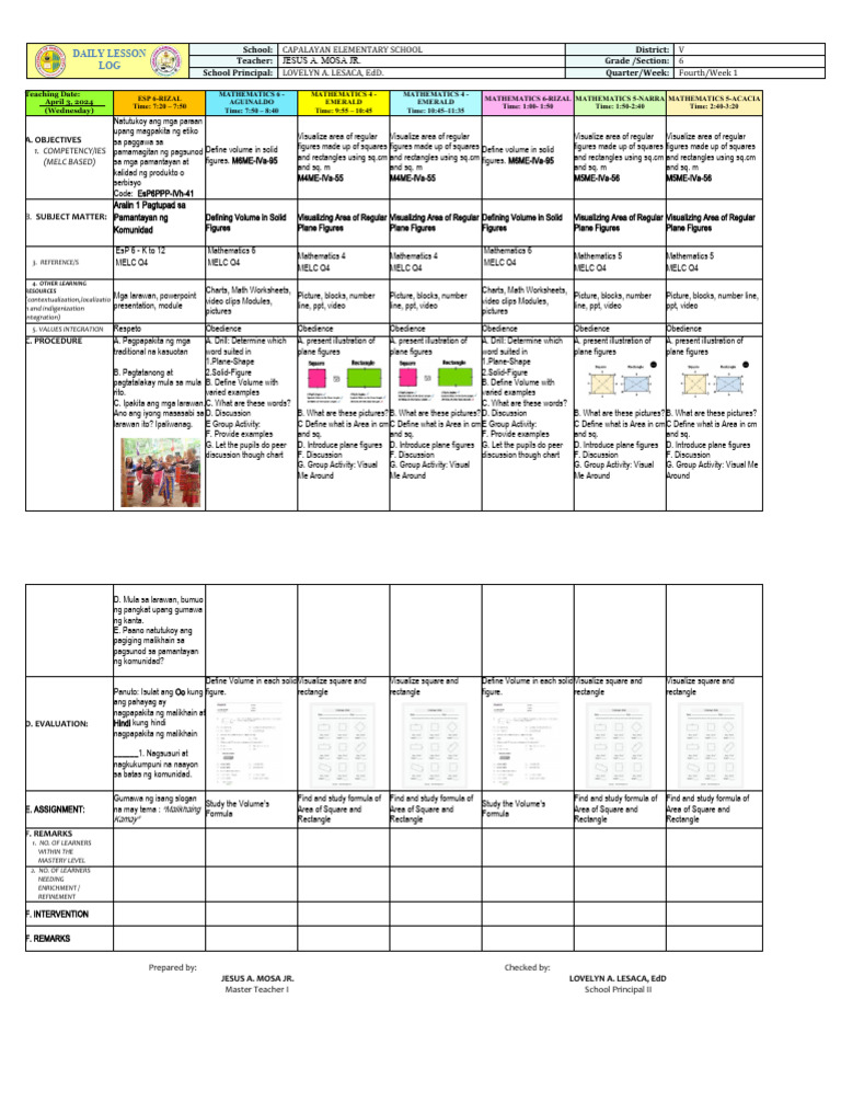 Grade 6 Daily Lesson Plan: Volume & Area | PDF | Area | Learning