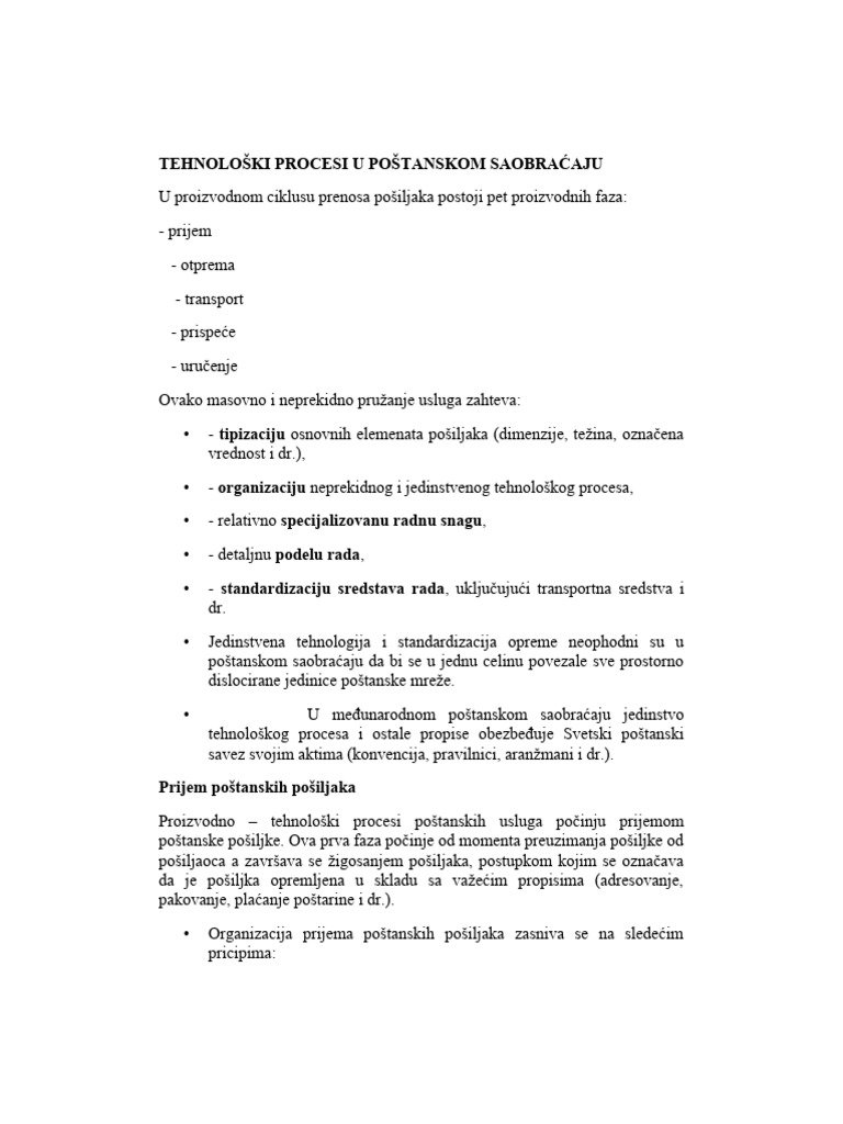 Tehnološki Procesi U Poštanskom Saobraćaju | PDF