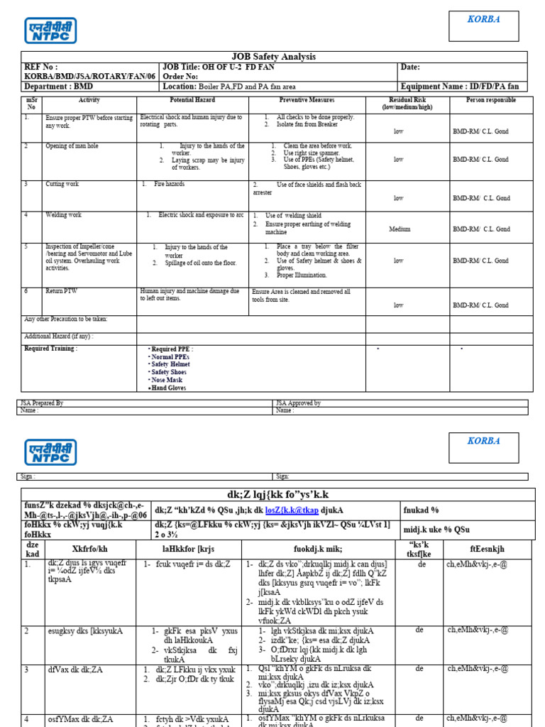 JSA Fan Area Inspection Download Free PDF Personal Protective
