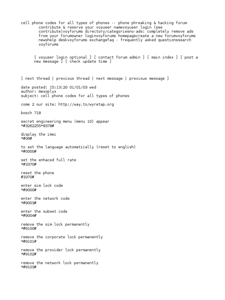 Cell Phone Codes for All Types of Phones Phone Phreaking & h