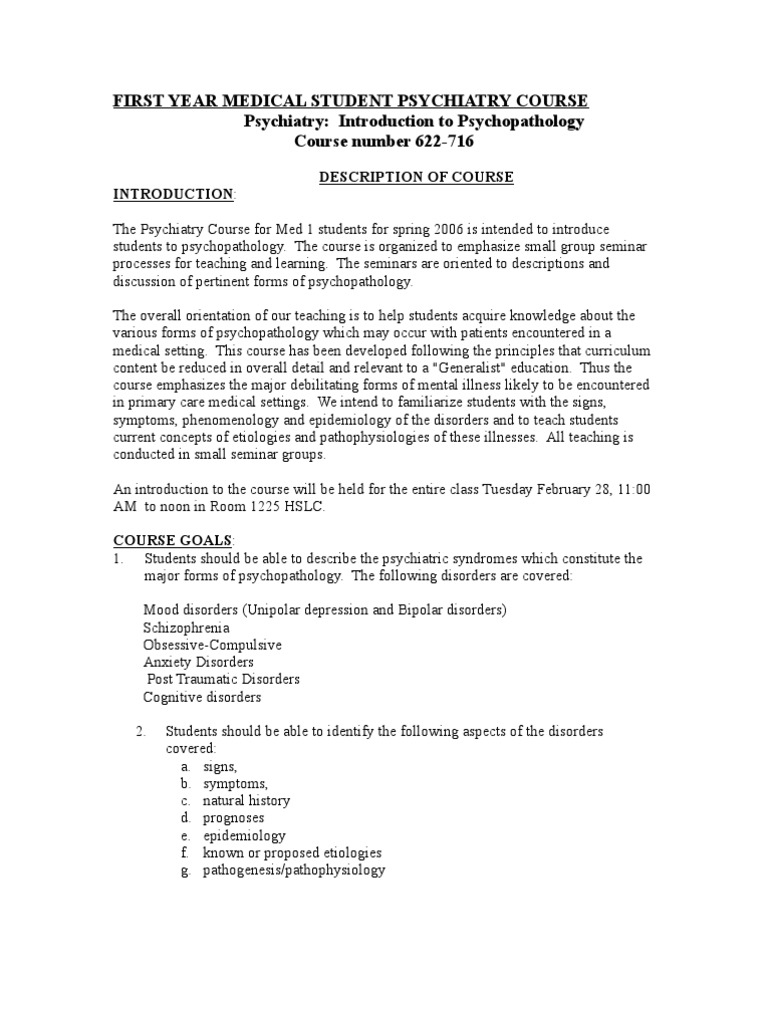 Psycho Pathology Course Medical School Syllabus PDF Psychiatry