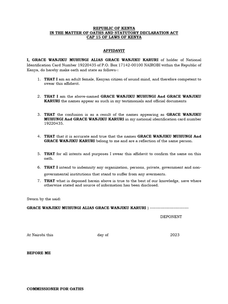 Affidavit of Name Clarification in Kenya | PDF | Law