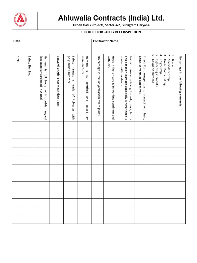 Safety Belt Inspection Checklist | PDF | Equipment