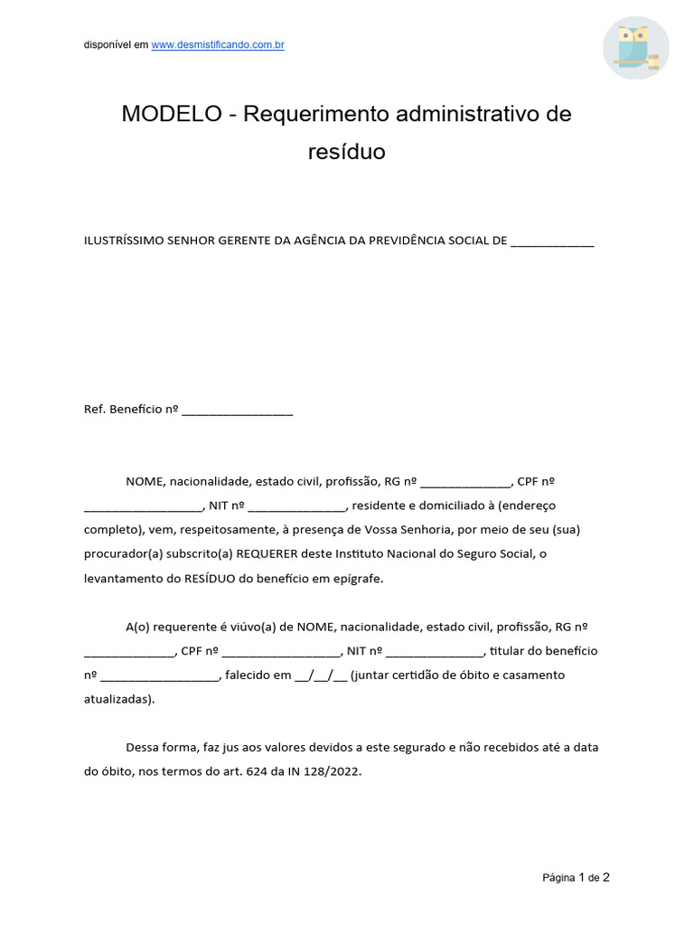 Modelo Requerimento Administrativo Residuo | PDF | Pensão alimentícia