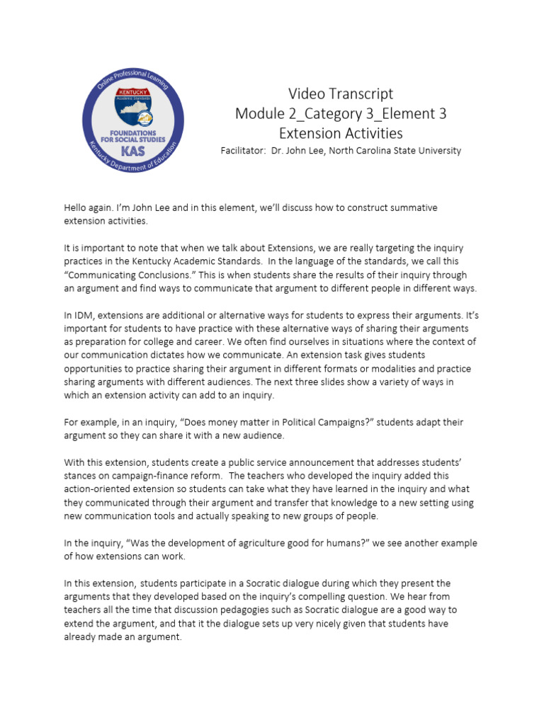 M2 C3 E3 Extensions Video Transcript | PDF | Project Based Learning ...