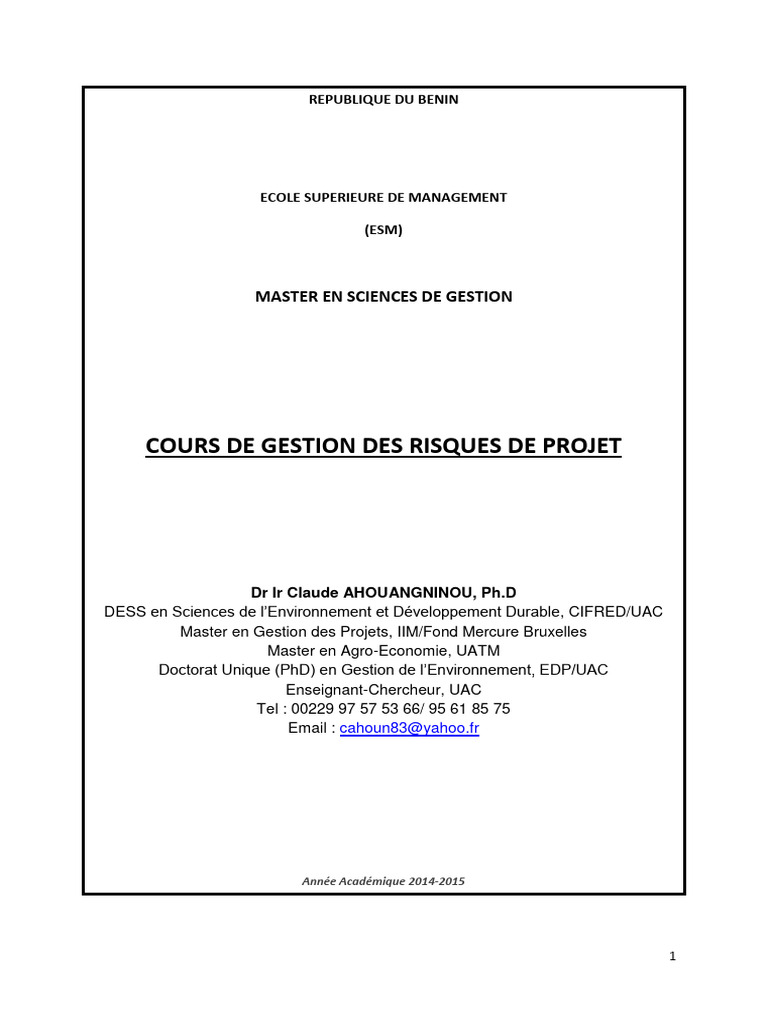 Gestion des Risques de Projet au Bénin | PDF | Risque