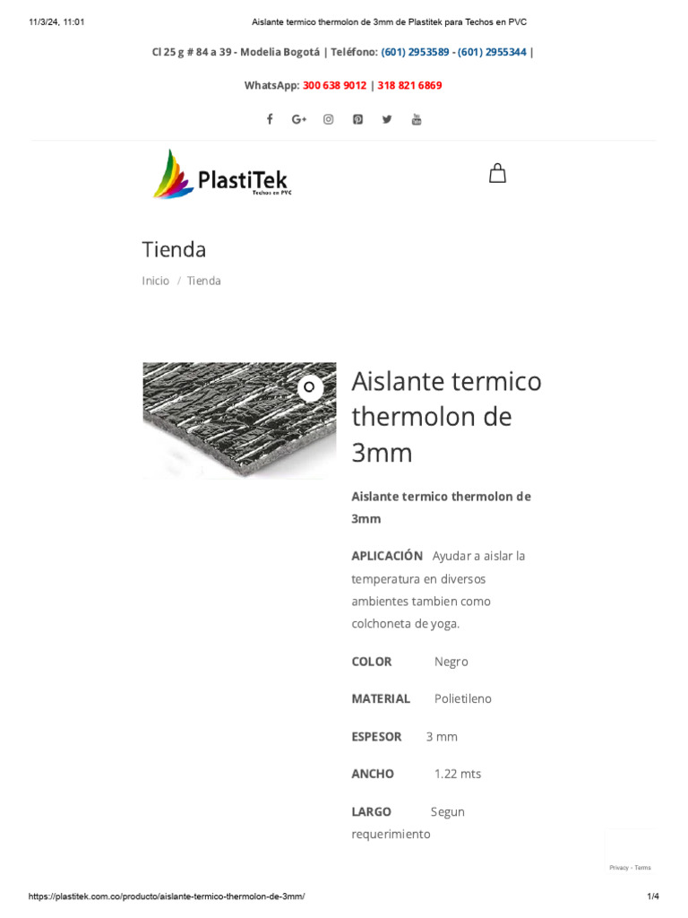 Aislante Termico Thermolon de 3mm de Plastitek para Techos en PVC | PDF ...