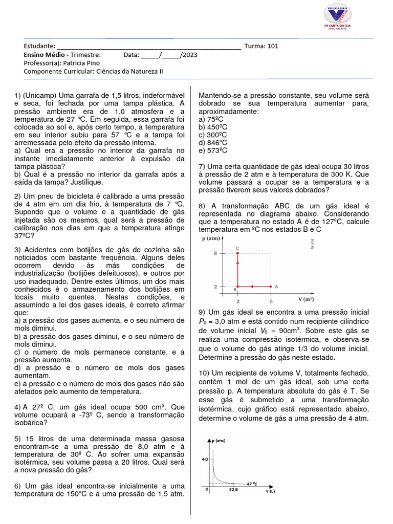 Atividades Transformações Gasosas | PDF | Gases | Pressão