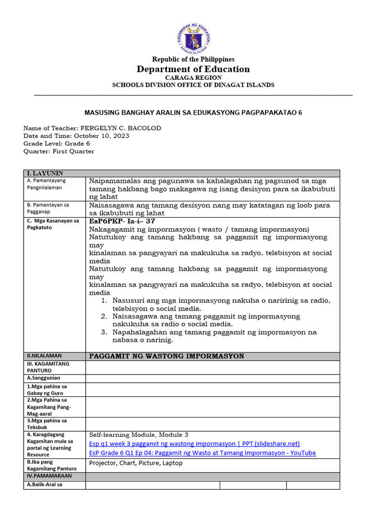 ESP 6 Lesson Plan | PDF