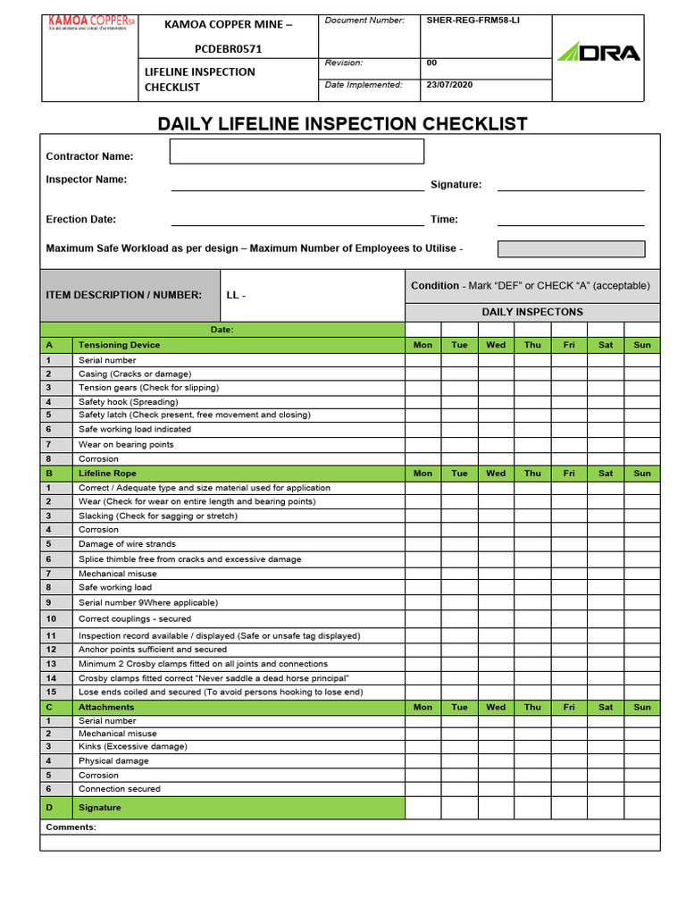 Daily Lifeline Inspection Checklist | PDF | Manufactured Goods