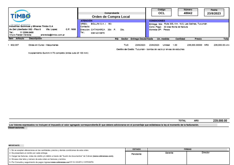 Orden de Compra 48842 - Timbo S.A. | PDF | Economias | Dinero