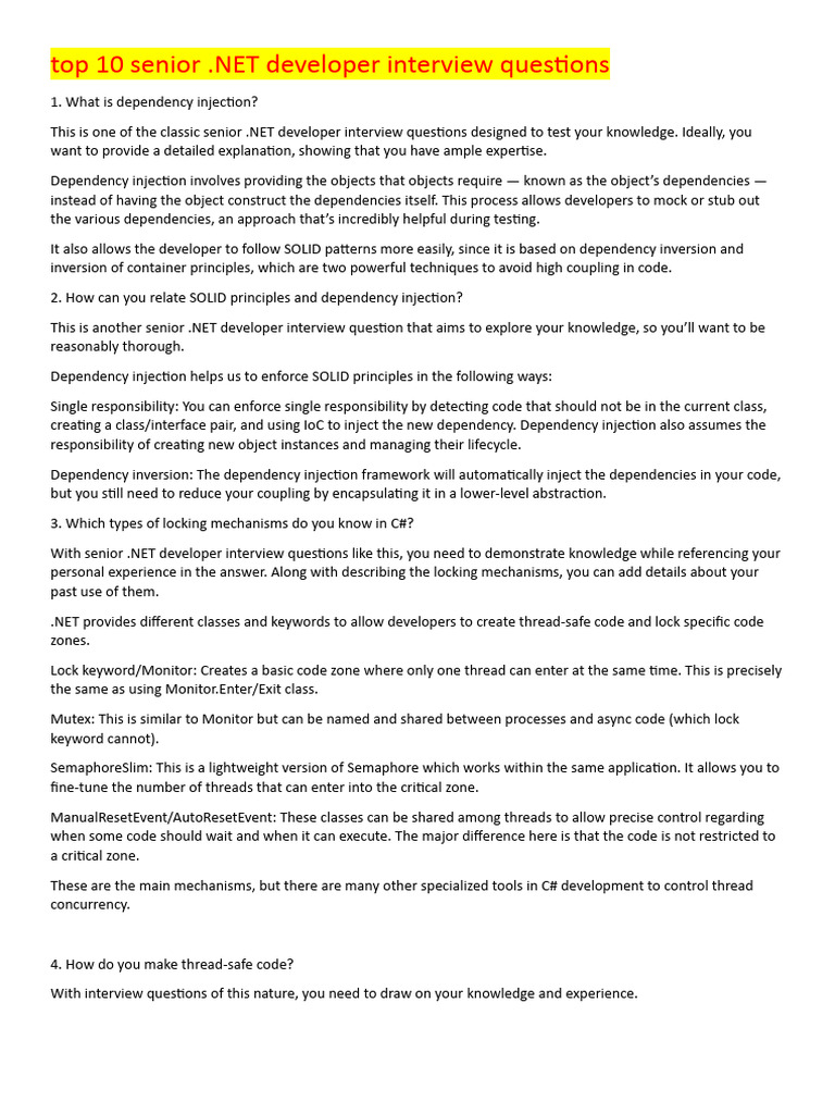 Top 10 Senior Net Developer Interview Questions Download Free Pdf