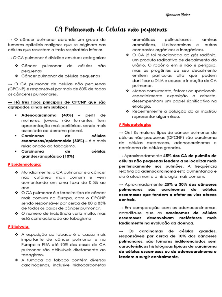 Semana 11 Ca De Pulmão Não Pequenas Células Pdf Câncer De Pulmão