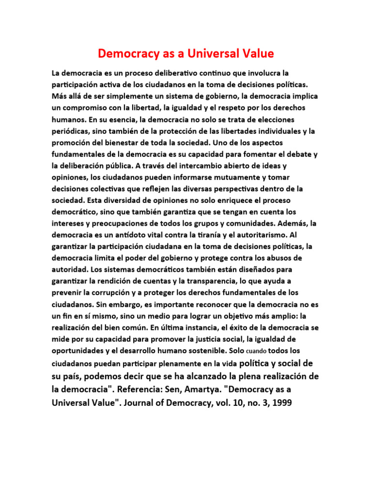Democracy As A Universal Value | PDF