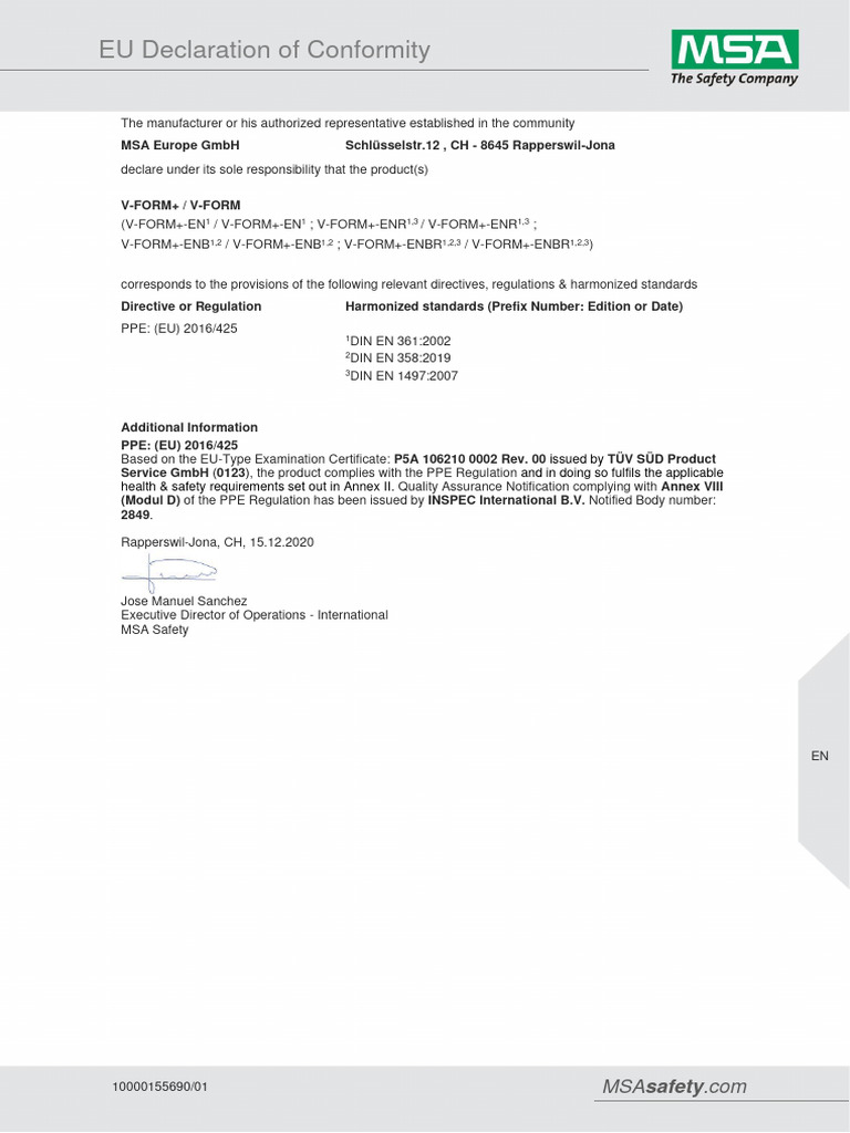 Déclaration de conformité UE MSA V-FORM | PDF
