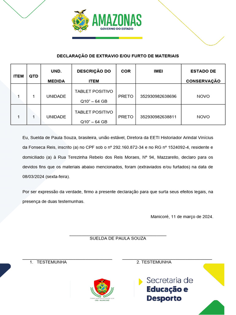 Declaração de Extravio de Tablets | PDF