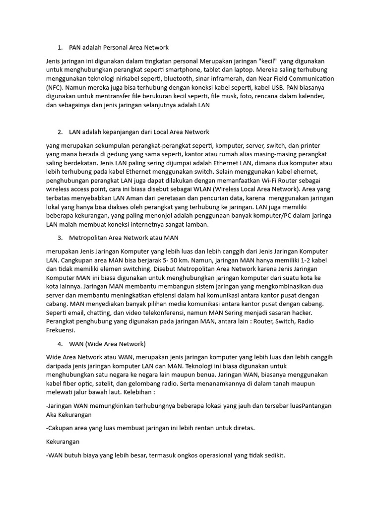 Jenis-Jenis Jaringan Komputer: PAN, LAN, MAN, WAN | PDF