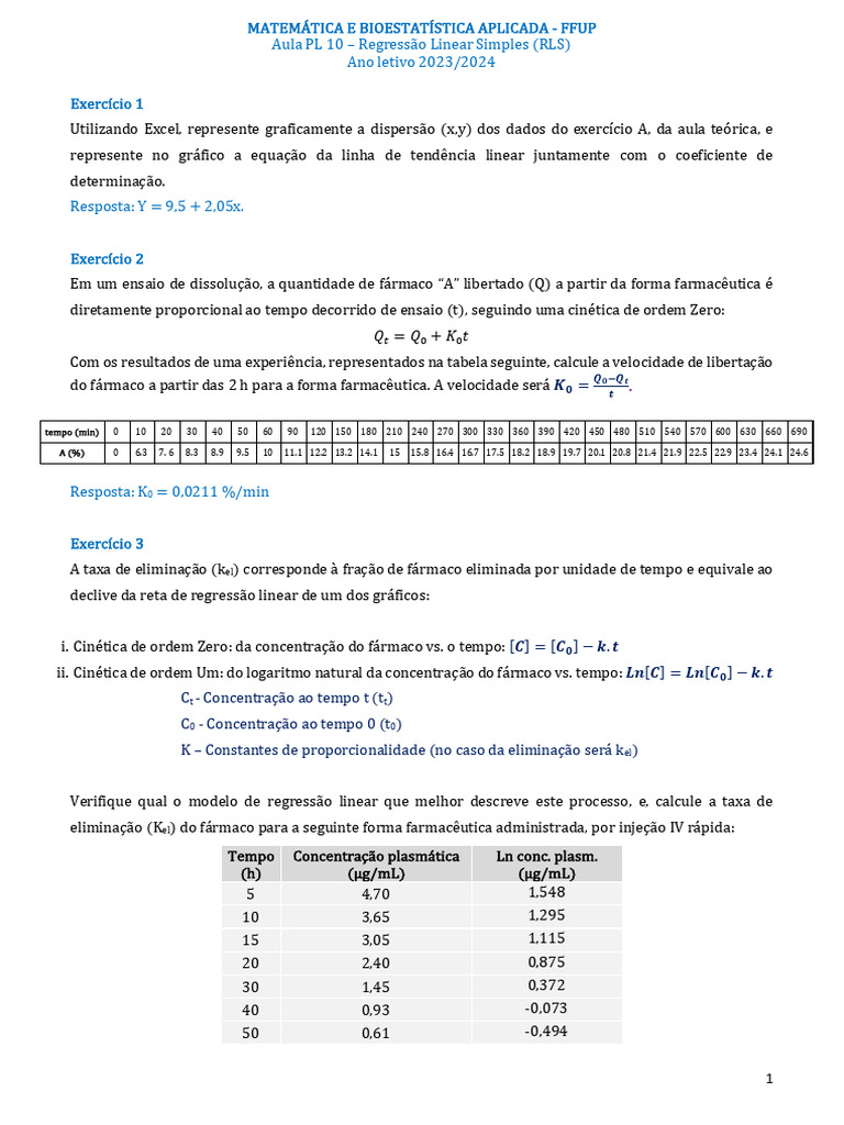 Aula PL10 - Regressão Linear Simples + Resoluções - PT | PDF ...