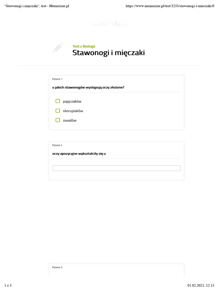 Test Stawonogi I Mięczaki "Stawonogi i mięczaki", test - Memorizer.pl | PDF