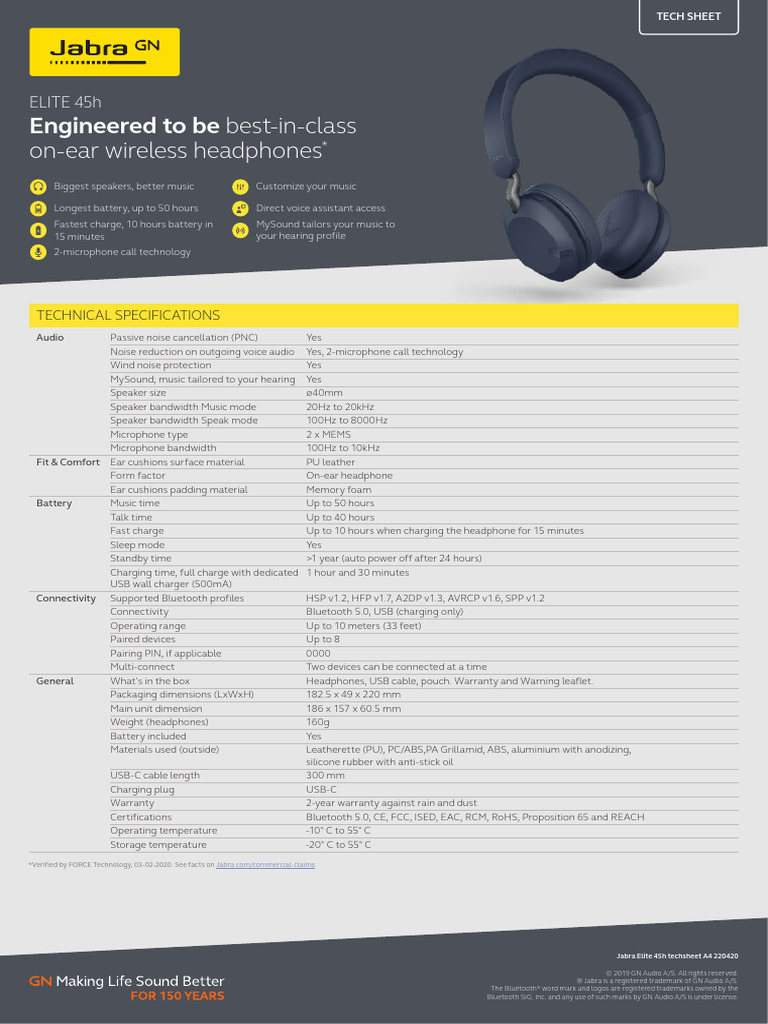 Jabra Elite 45h Techsheet A4 220420 Web | PDF | Headphones | Usb