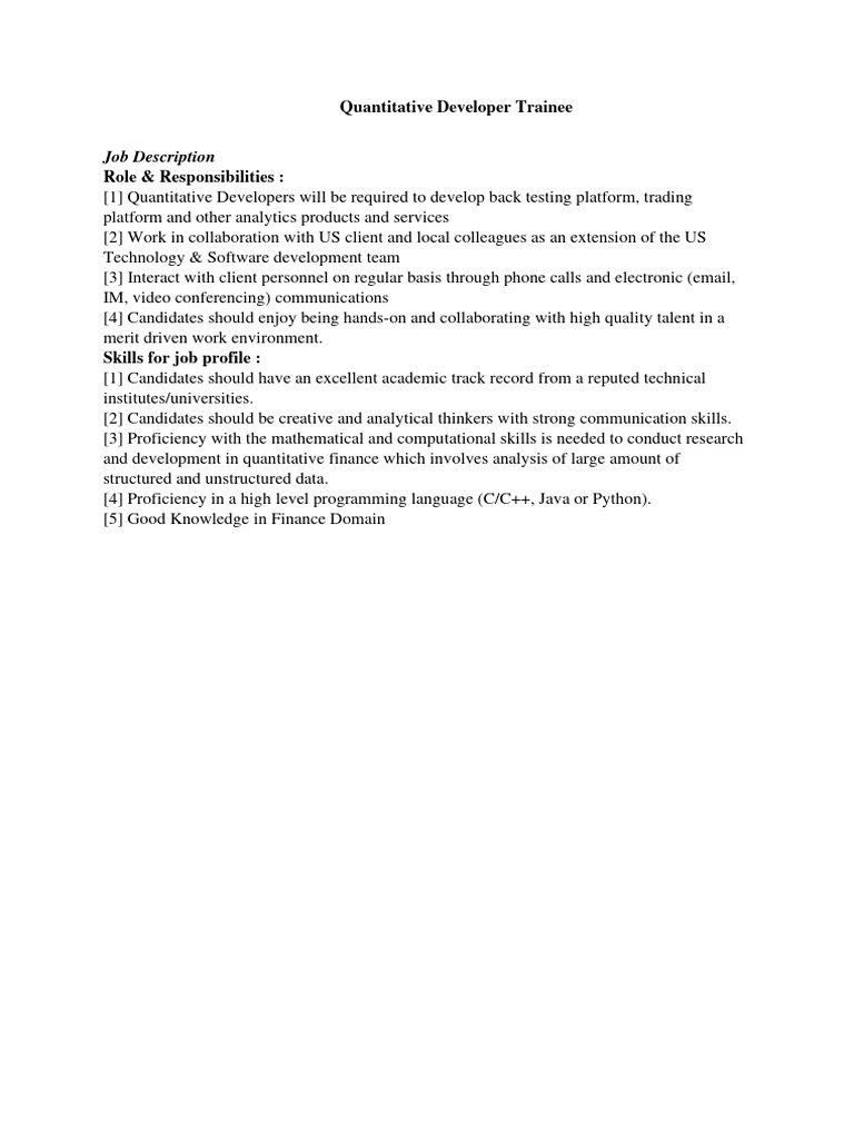 Quantitative Developer Trainee Role | PDF