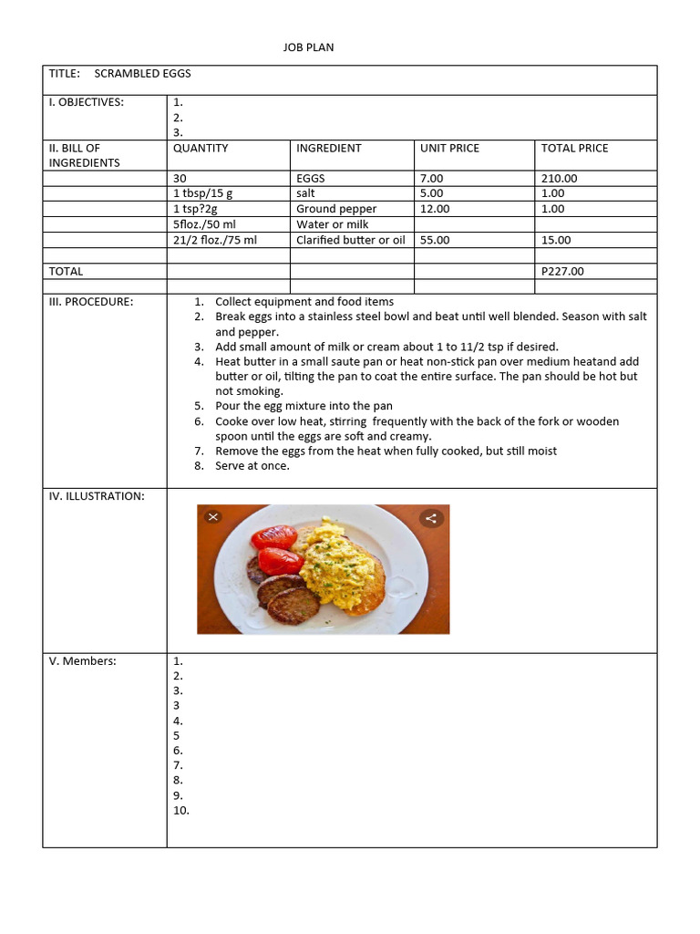 Scrambled Eggs Job Plan for Grade 10 | PDF