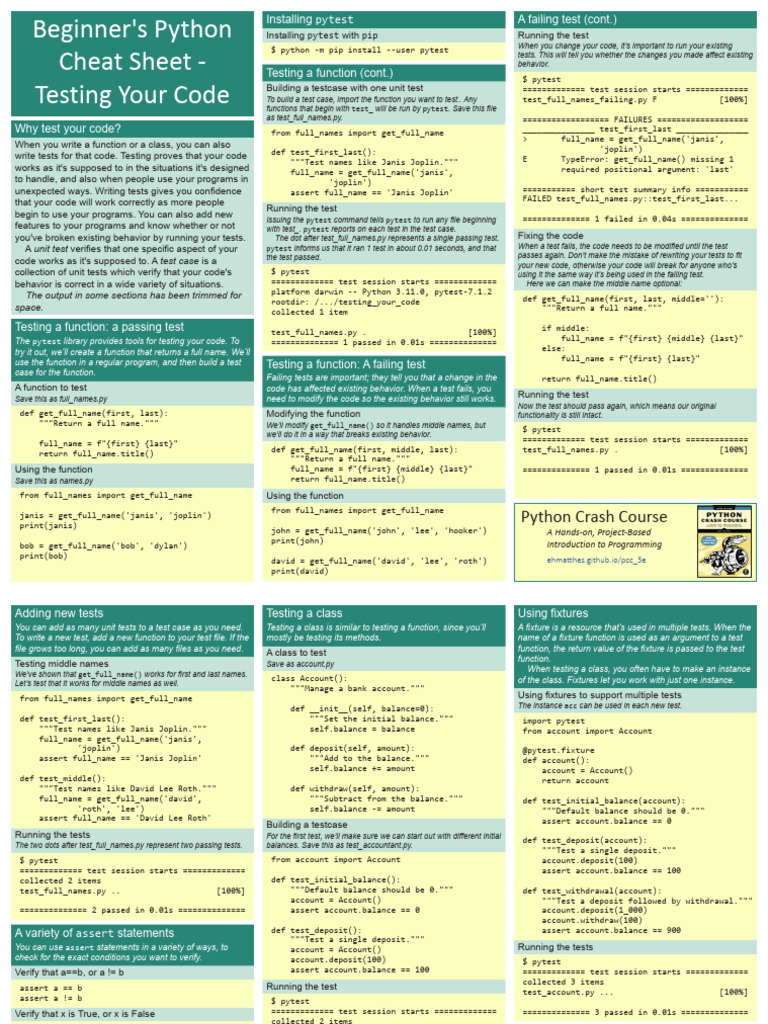 Beginners Python Cheat Sheet PCC Testing | PDF | Software Engineering ...
