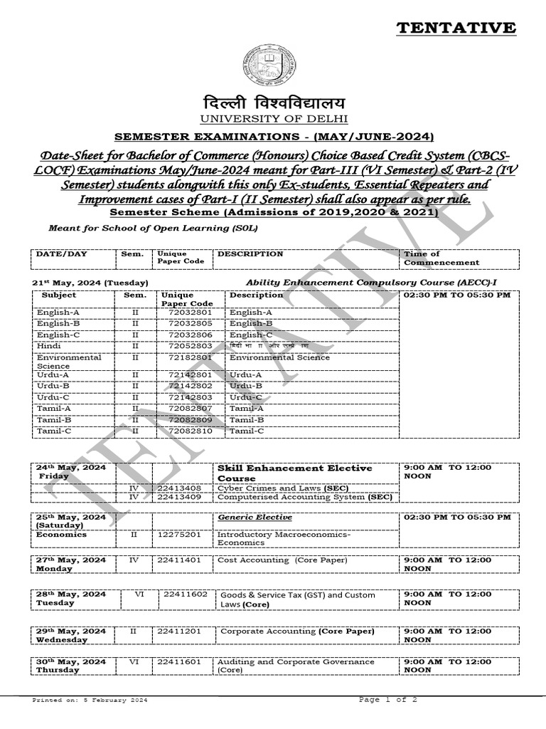 B.Com Exam Schedule May/June 2024 | PDF | Economies | Business