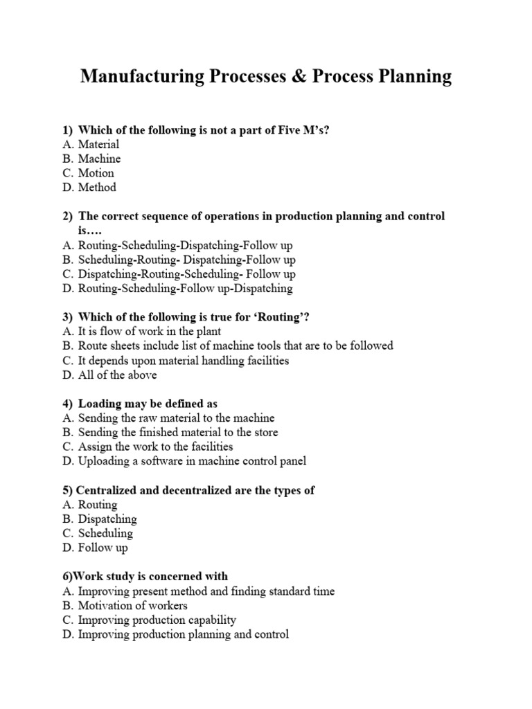 Manufacturing Processes Mcq PDF Business Process Business
