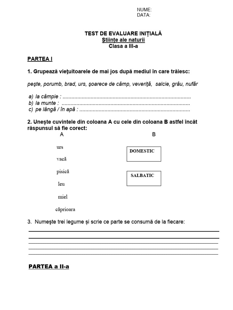 Evaluare Initiala Stiinte Clasa A III-a | PDF