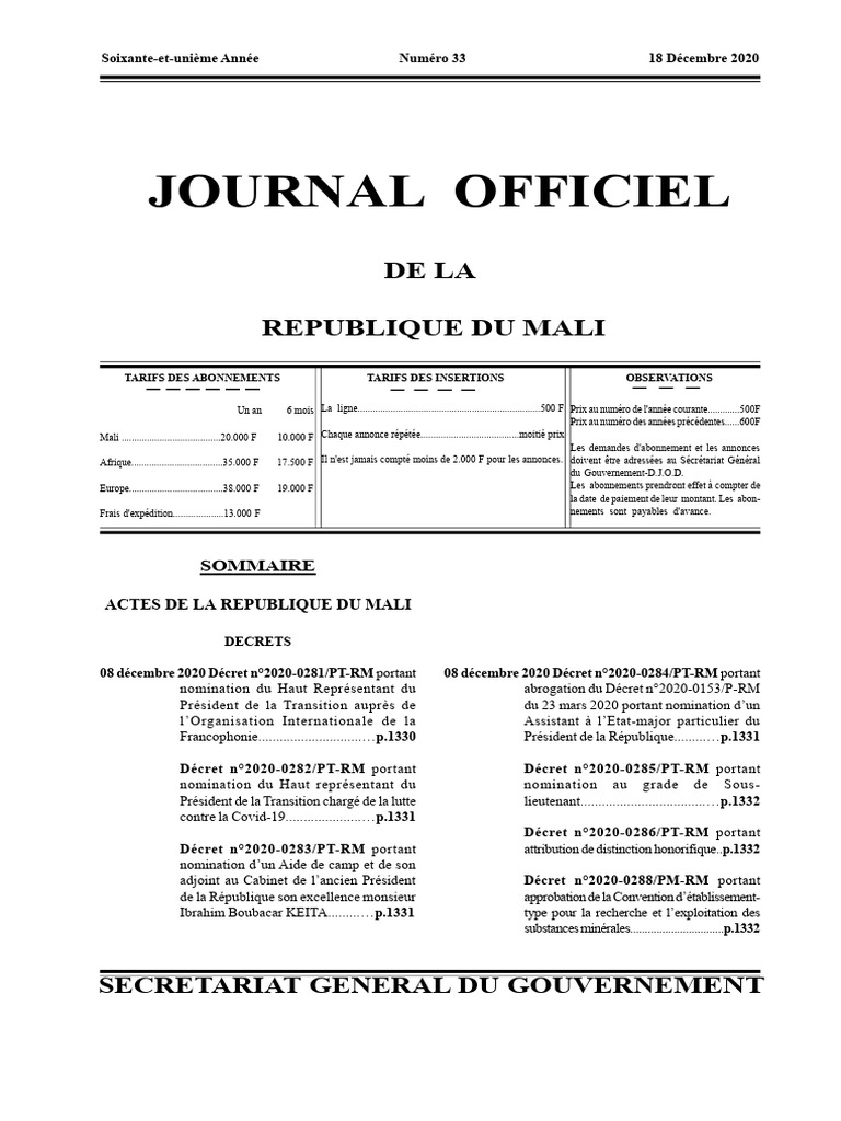 Tarifs et Décrets du Journal Officiel du Mali | PDF | Exploitation ...