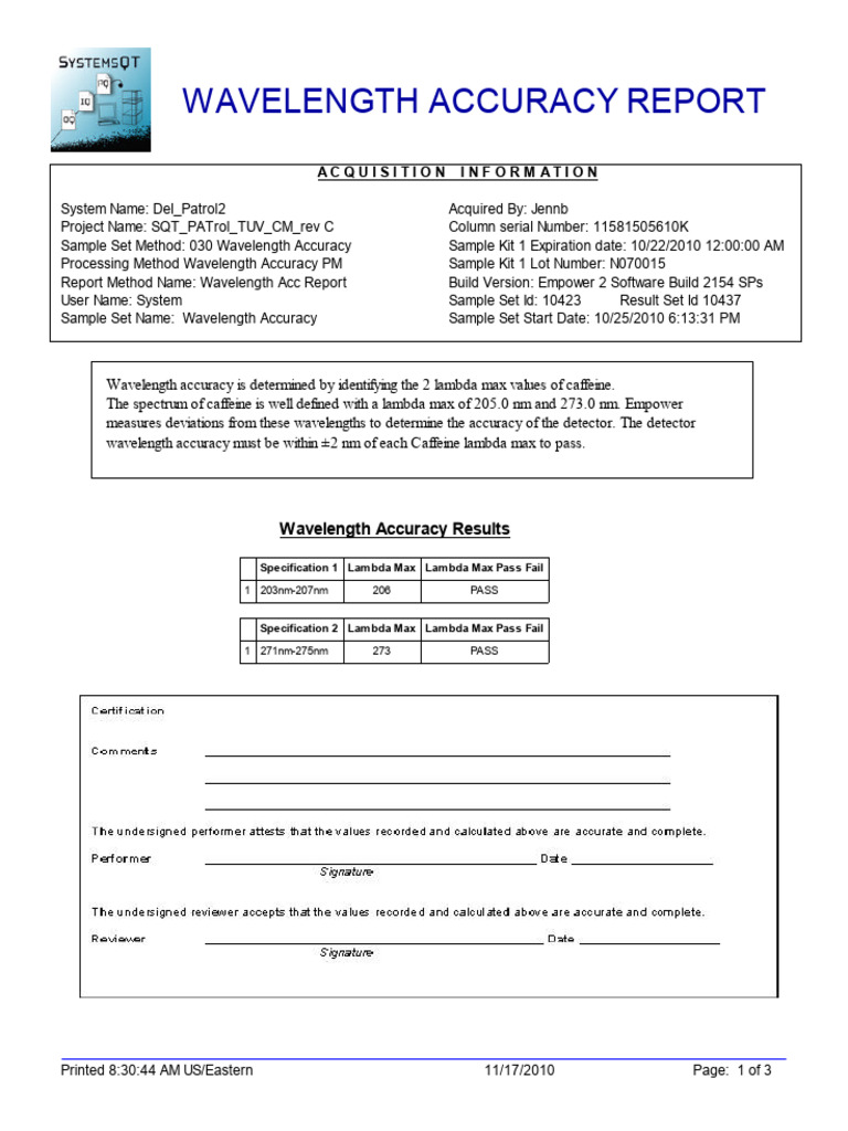 Wavelength Accuracy Evaluation Report | PDF | Ultraviolet–Visible ...