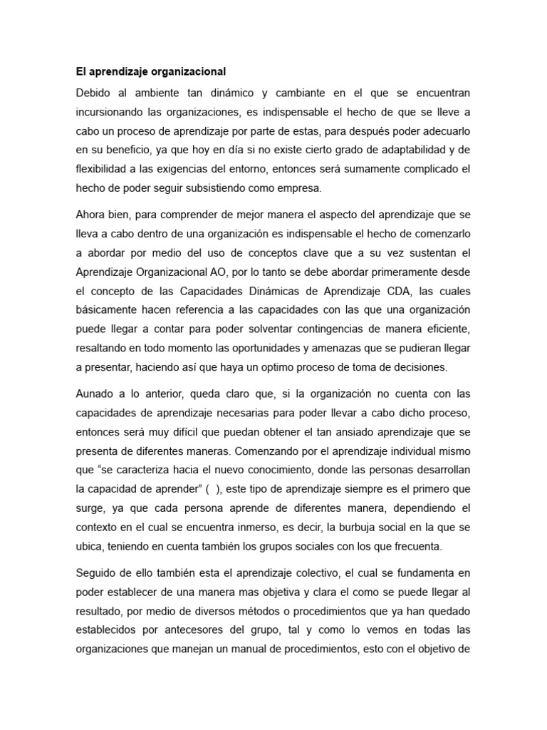 El Aprendizaje Organizacional AO | PDF | Aprendizaje | Conocimiento