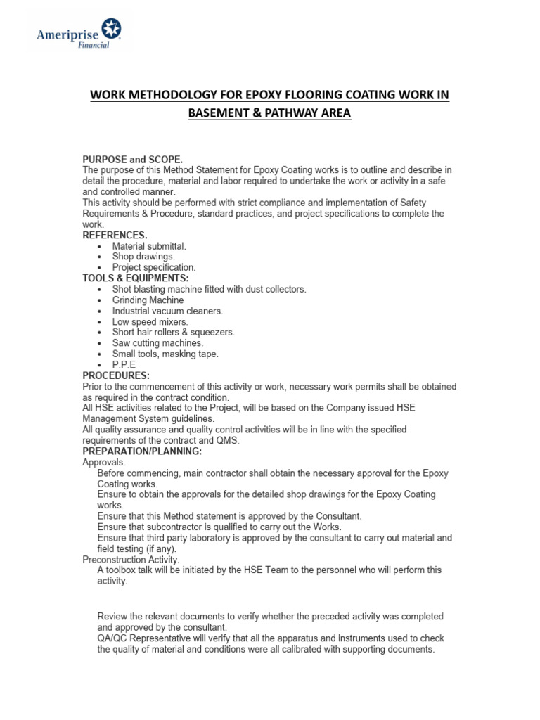 Work Methodology For Epoxy Flooring Coating Work PDF Concrete Quality Assurance