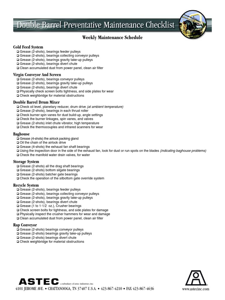 Weekly Maintenance Checklist | PDF | Technology & Engineering