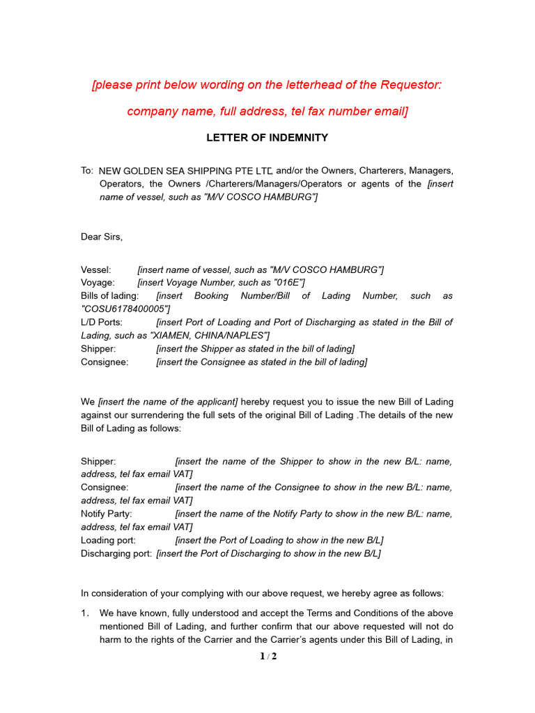 Annex 4B Coau Loi For Switch Bill of Lading | PDF | Bill Of Lading ...