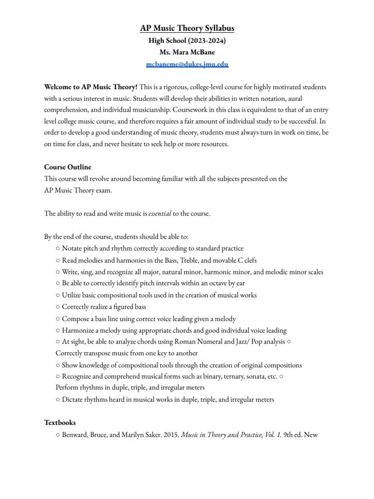 AP Music Theory Syllabus 2023-2024 | PDF | Harmony | Chord (Music)
