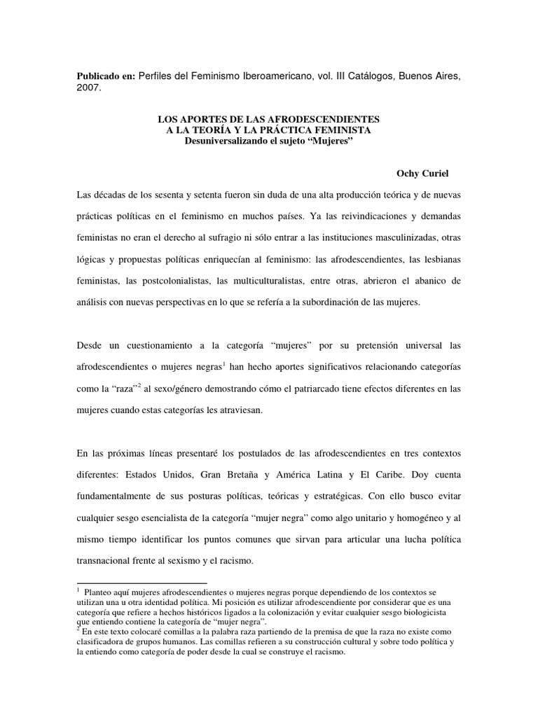Los Aportes de Las Afrodescendientes A La Teoria y La Practica ...