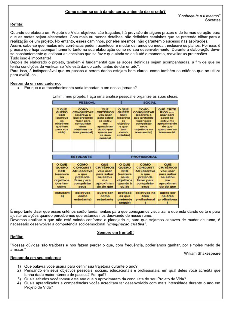 Acompanhamento do Projeto de Vida | PDF | Vida | Sócrates