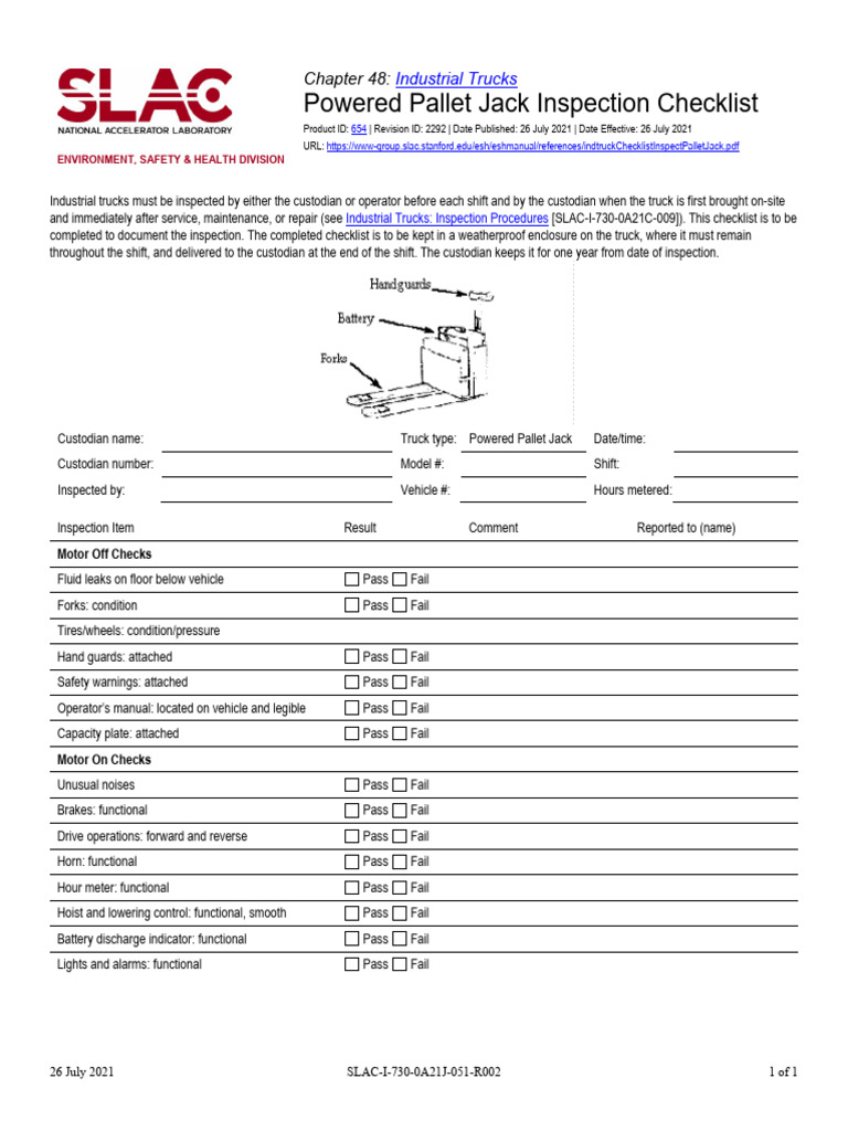 Powered Pallet Jack Inspection Checklist | PDF | Truck | Vehicles