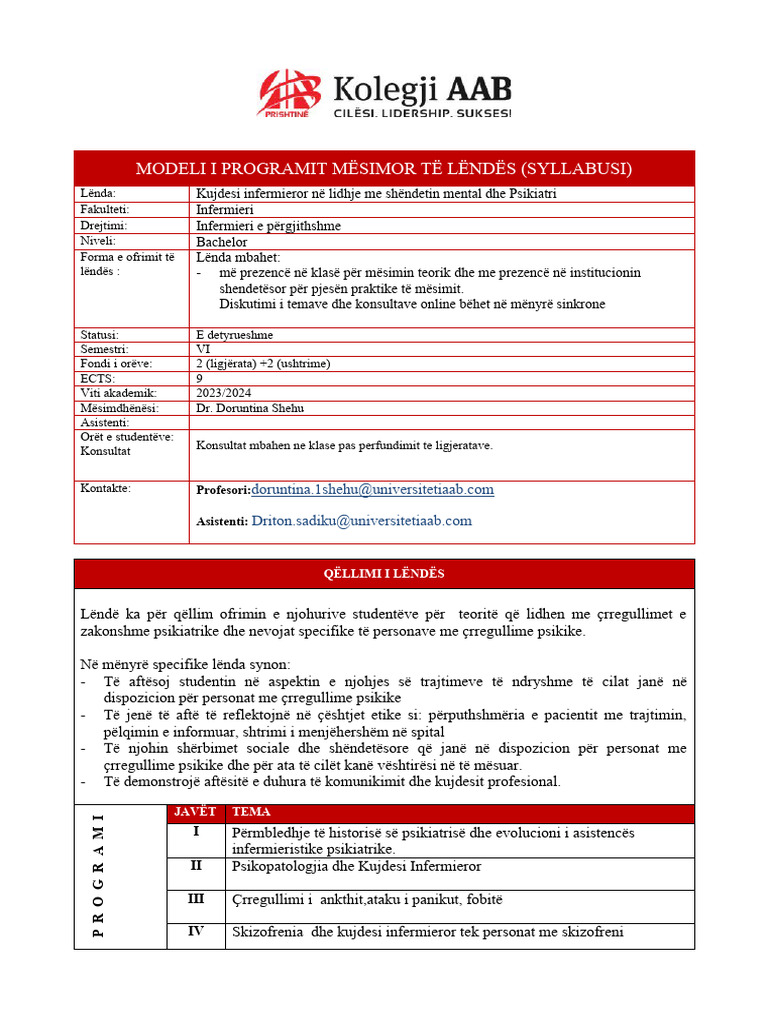 Modeli I Programit Mësimor Të Lëndës (Syllabusi) : Profesori: Asistenti ...