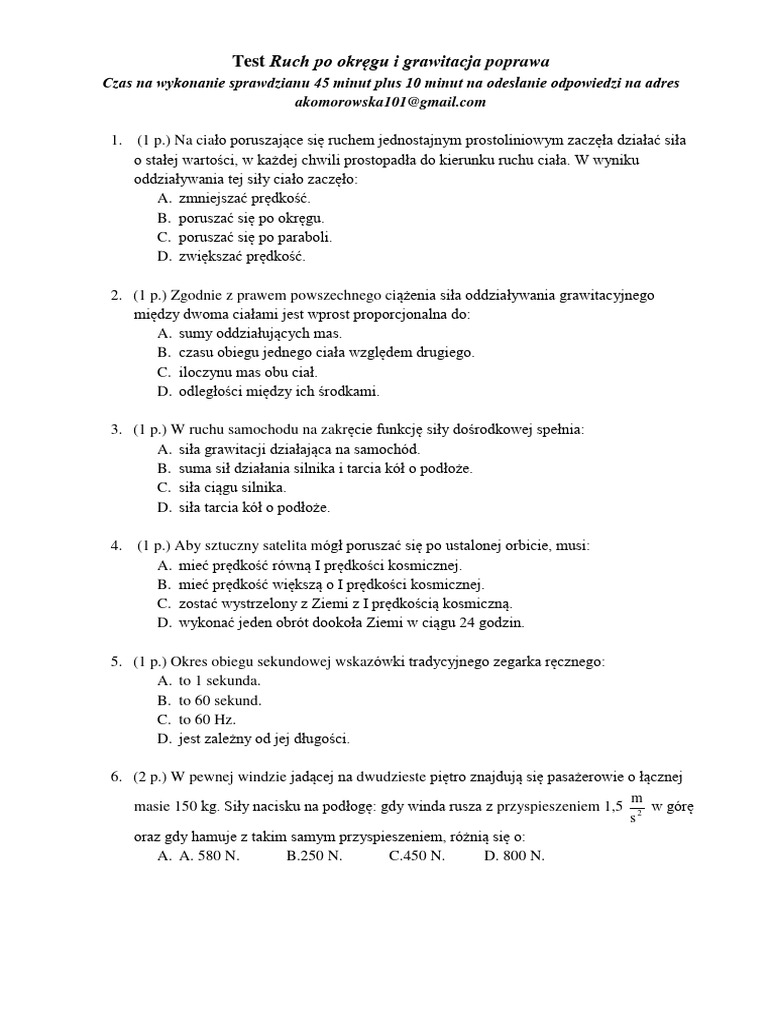 Ruch Po Okręgu I Grawitacja test ruch po okręgu i grawitacja poprawa | PDF