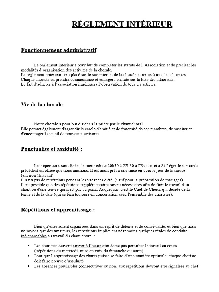 Règlement Intérieur de la Chorale | PDF